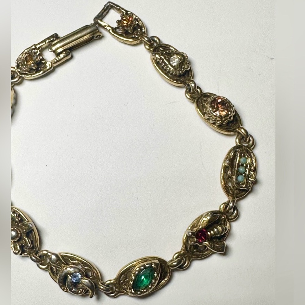 Vintage Goldette Multi-Stone Link Bracelet – 1950s Victorian Revival - Picture 3 of 4